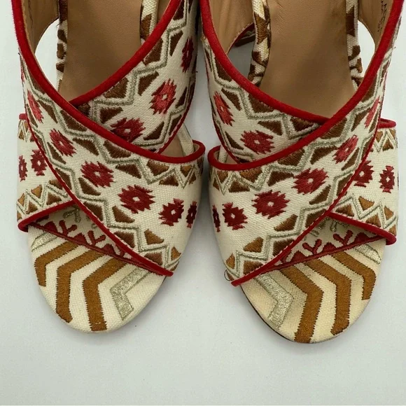 ASH Red Aztec Embroidered Padded Adel Round Toe Block Heel Slip On Heeled Sandal - Picture 9 of 16
